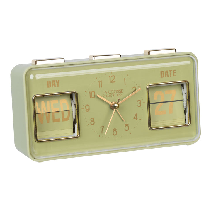 Right-facing image highlighting the buttons of the 636-379G Daily Flip Tabletop Clock with Calendar – Green, featuring a retro design rectangular analog clock with brass numbers, hour, minute, and second hands, and a day and date calendar with manual flip cards with brass text.