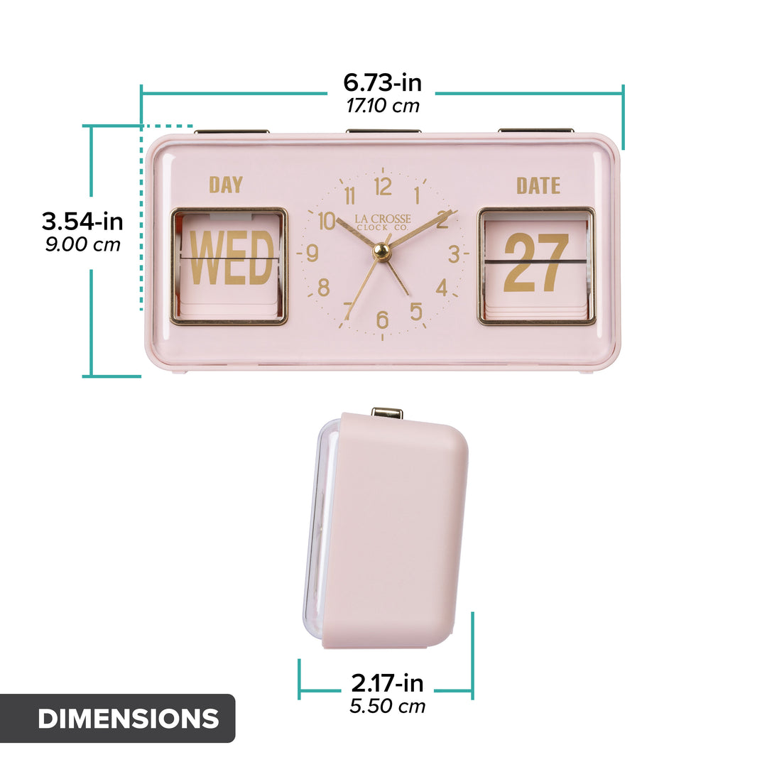 Orthographic image of the 636-379P Daily Flip Tabletop Clock with Calendar – Pink BLush showing the dimensions 3.54 inches tall, 6.73 inches long, and 2.17 inches in depth.