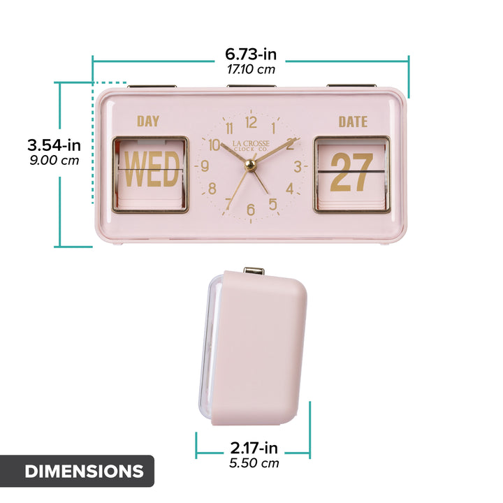 Orthographic image of the 636-379P Daily Flip Tabletop Clock with Calendar – Pink BLush showing the dimensions 3.54 inches tall, 6.73 inches long, and 2.17 inches in depth.