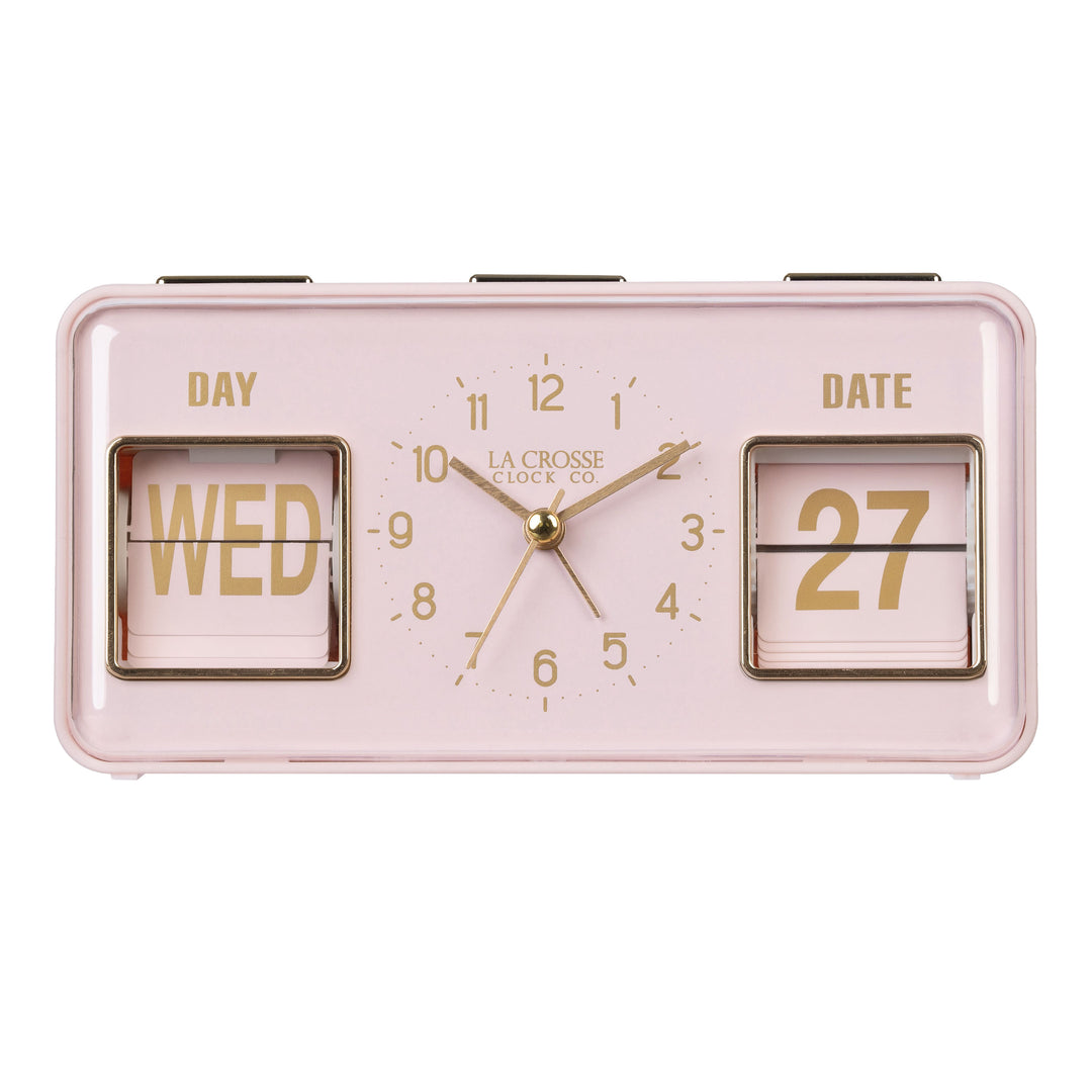 Head-on image of the 636-379P Daily Flip Tabletop Clock with Calendar – Pink Blush, featuring a retro design rectangular analog clock with brass numbers, hour, minute, and second hands, and a day and date calendar with manual flip cards with brass text.