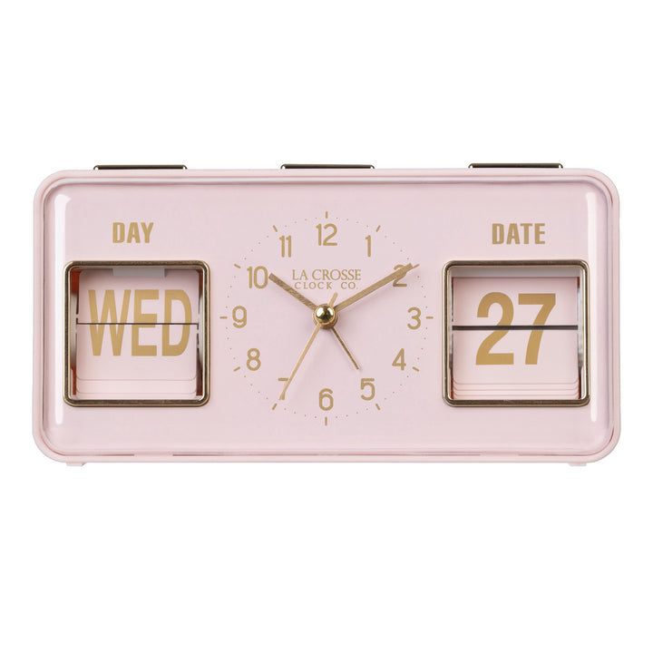 Head-on image of the 636-379P Daily Flip Tabletop Clock with Calendar – Pink Blush, featuring a retro design rectangular analog clock with brass numbers, hour, minute, and second hands, and a day and date calendar with manual flip cards with brass text.