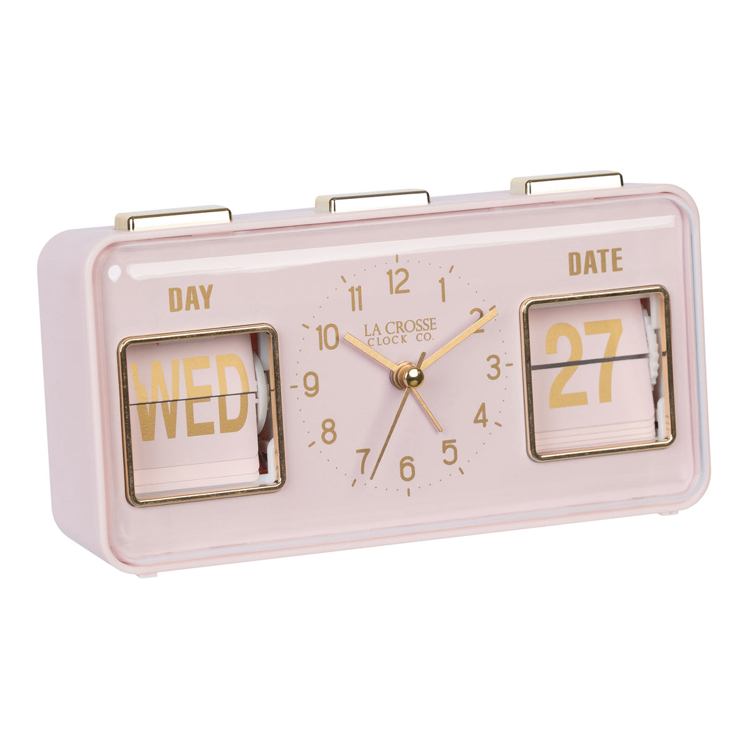 Right-facing image highlighting the buttons of the 636-379P Daily Flip Tabletop Clock with Calendar – Pink Blush, featuring a retro design rectangular analog clock with brass numbers, hour, minute, and second hands, and a day and date calendar with manual flip cards with brass text.