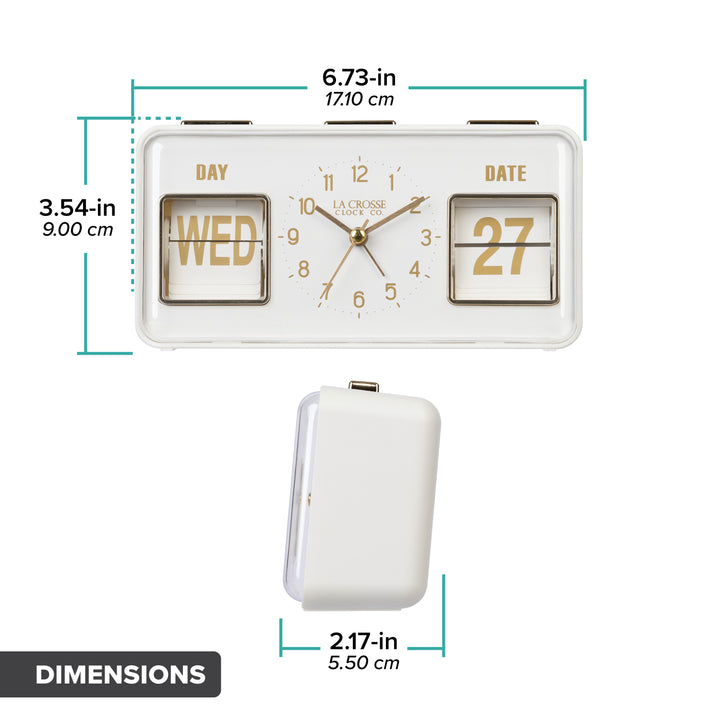Orthographic image of the 636-379W Daily Flip Tabletop Clock with Calendar – White showing the dimensions 3.54 inches tall, 6.73 inches long, and 2.17 inches in depth.