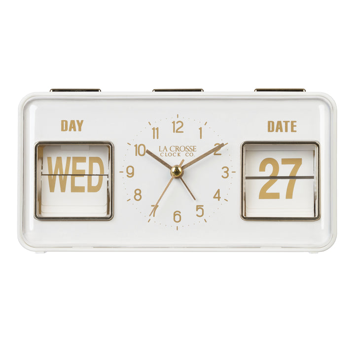 Head-on image of the 636-379W Daily Flip Tabletop Clock with Calendar – White, featuring a retro design rectangular analog clock with brass numbers, hour, minute, and second hands, and a day and date calendar with manual flip cards with brass text.