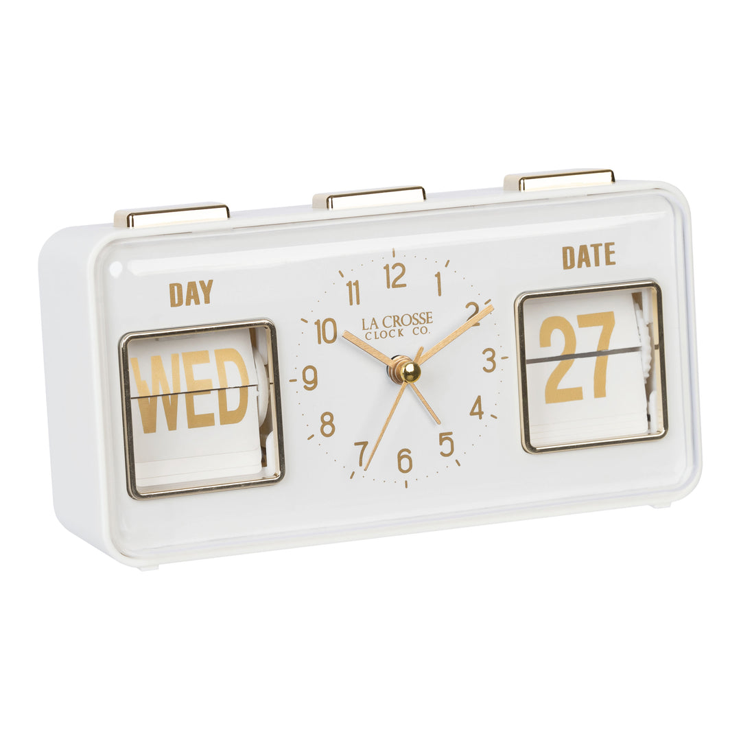 Right-facing image highlighting the buttons of the 636-379W Daily Flip Tabletop Clock with Calendar – White, featuring a retro design rectangular analog clock with brass numbers, hour, minute, and second hands, and a day and date calendar with manual flip cards with brass text.