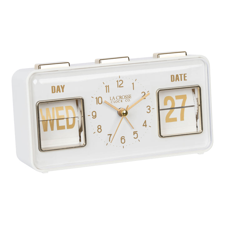Right-facing image highlighting the buttons of the 636-379W Daily Flip Tabletop Clock with Calendar – White, featuring a retro design rectangular analog clock with brass numbers, hour, minute, and second hands, and a day and date calendar with manual flip cards with brass text.