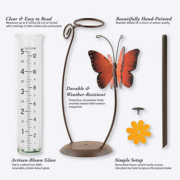 704-13077 Butterfly-themed rain gauge with stand and decorative elements on a white background