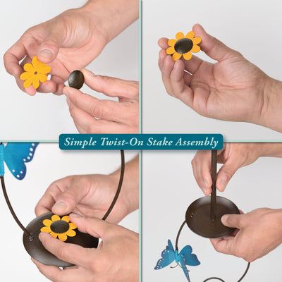704-13077 Step-by-step assembly of a decorative stake with flowers and butterflies.