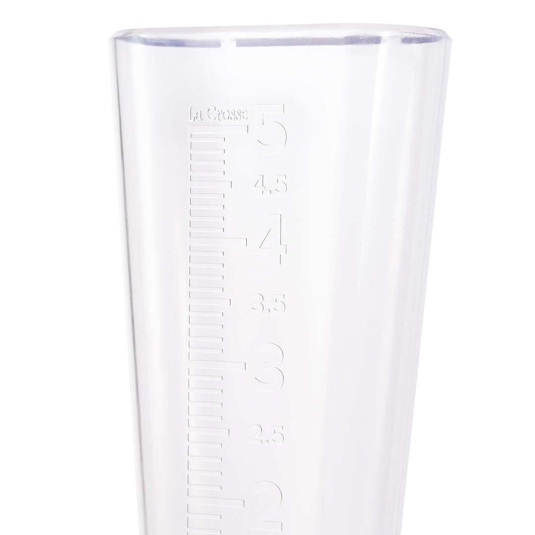 704-5331 USA-Made Clear Measure Rain Gauge head on close up showing the measuring increments with numbers and hash marks up to 5 inches