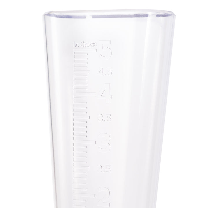 704-5331 USA-Made Clear Measure Rain Gauge head on close up showing the measuring increments with numbers and hash marks up to 5 inches