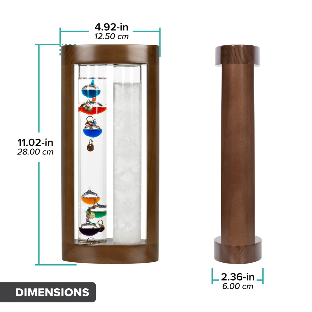 Dimension image of the 914-4928SG 11-inch Galileo Thermometer + FitzRoy Storm Glass in inches and centimeters. The thermometer features a solid walnut-finished wooden casing with two glass tubes, the thermometer measures 11.02 inches tall by 4.92 inches wide by 2.36 inches deep.