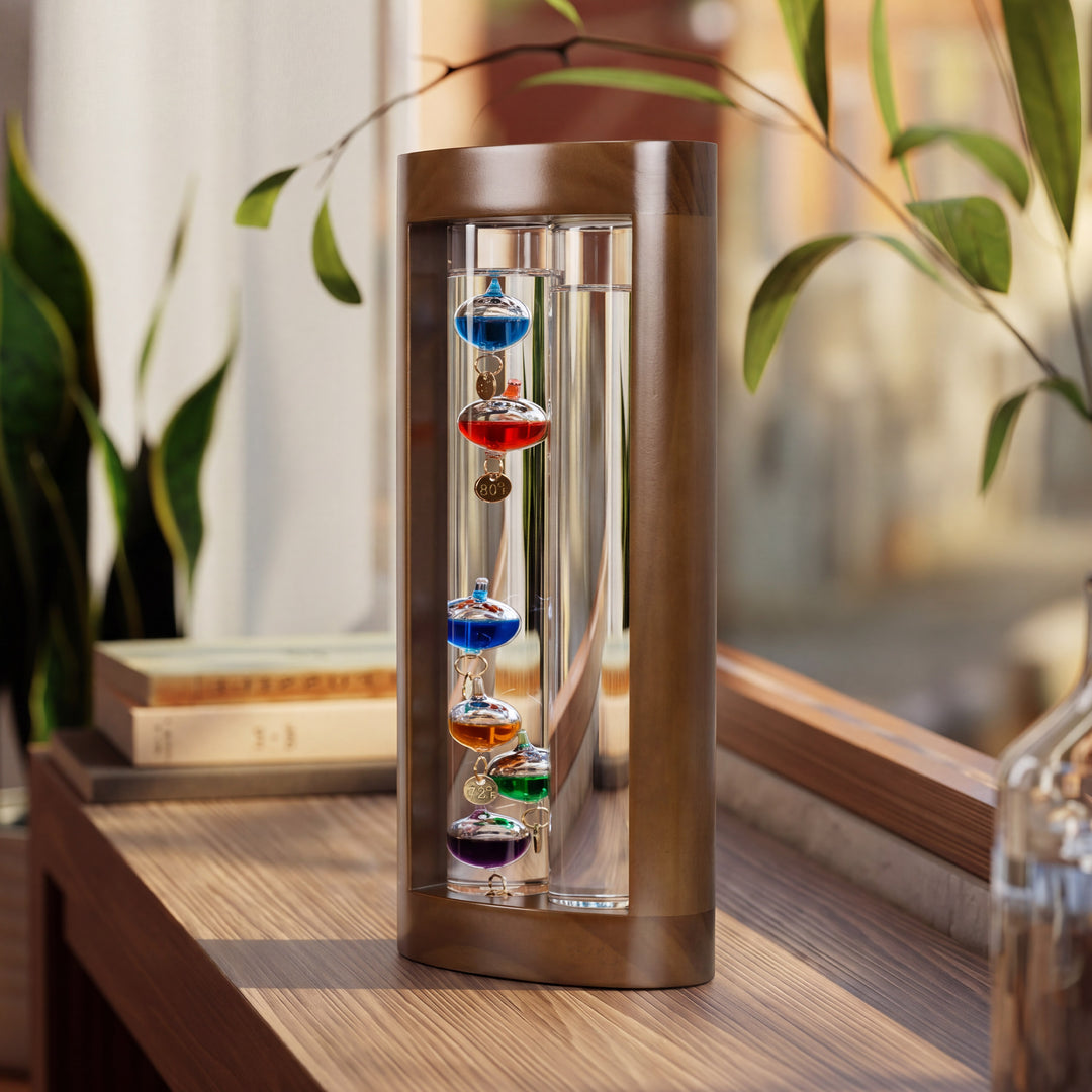 Lifestyle image of the 914-4928SG 11-inch Galileo Thermometer + FitzRoy Storm Glass shown sitting in a window sile with plants. The thermometer features a solid walnut-finished wooden casing with two glass tubes: one with floating temperature spheres in various colors, and the second containing a changing liquid that indicates the forecast.