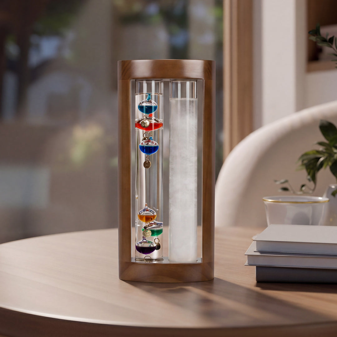 Lifestyle image of the 914-4928SG 11-inch Galileo Thermometer + FitzRoy Storm Glass sitting on a wood table with some books and a plant. The thermometer features a solid walnut-finished wooden casing with two glass tubes: one with floating temperature spheres in various colors, and the second containing a changing liquid that indicates the forecast.