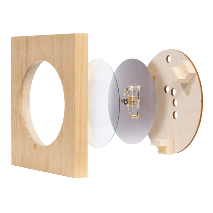 Cross section image of the 914-620 Sauna Thermometer and Hygrometer - Wood showing the construction of the cut out wood frame, the domed glass lens, the hand tied mechanism, and the backing.