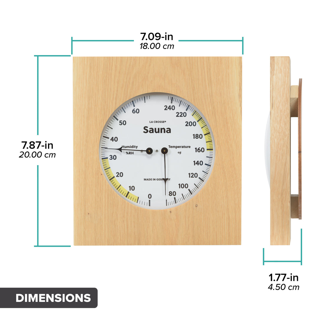 Orthographic dimension image of the 914-620 Sauna Thermometer and Hygrometer - wood