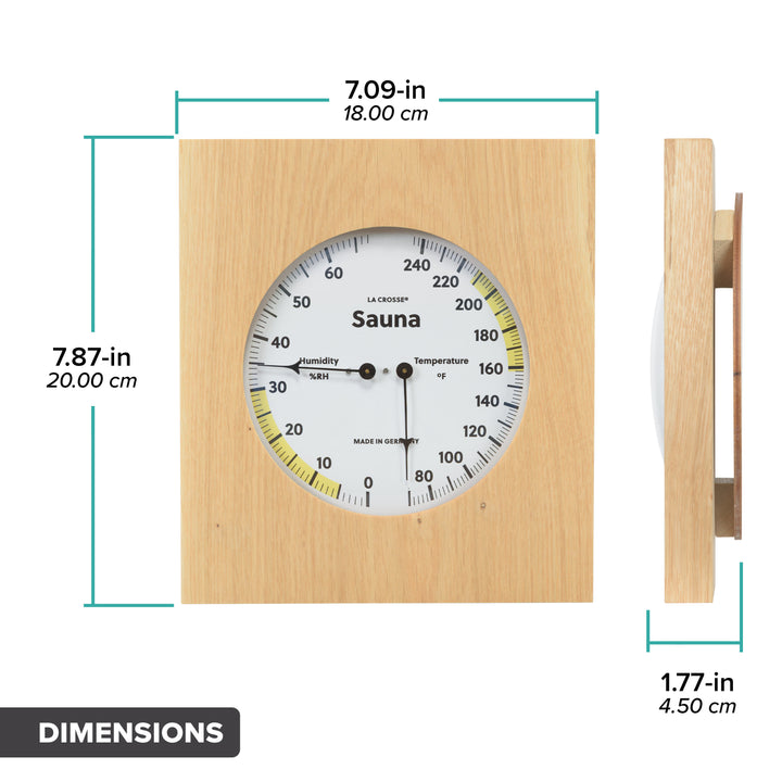 Orthographic dimension image of the 914-620 Sauna Thermometer and Hygrometer - wood