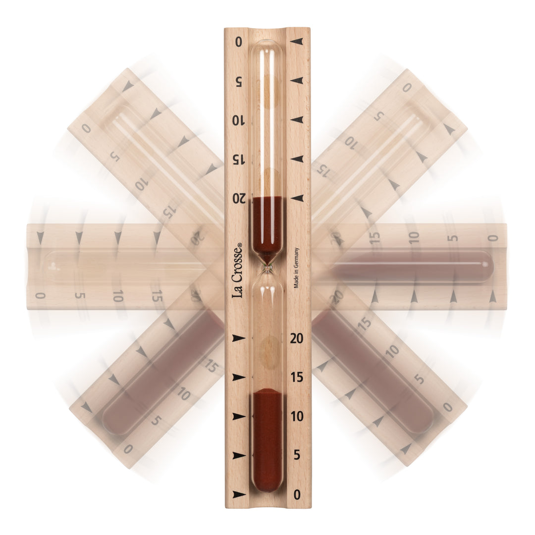 Displaying how the timer functions on the moveable mounting bracket of the 918-631 Sauna Hourglass Timer showing the wood casing, glass tube, and red sand with markings 0 to 20 minutes and the La Crosse logo