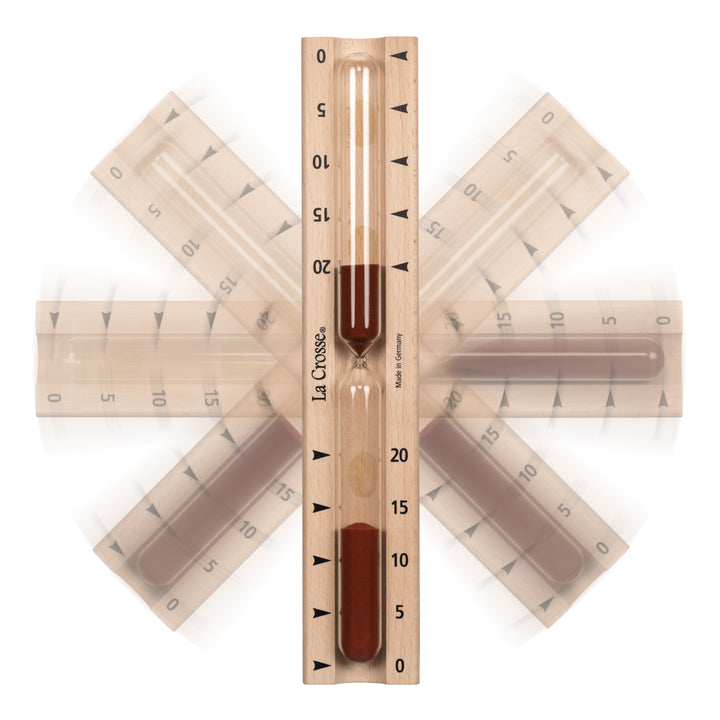 Displaying how the timer functions on the moveable mounting bracket of the 918-631 Sauna Hourglass Timer showing the wood casing, glass tube, and red sand with markings 0 to 20 minutes and the La Crosse logo