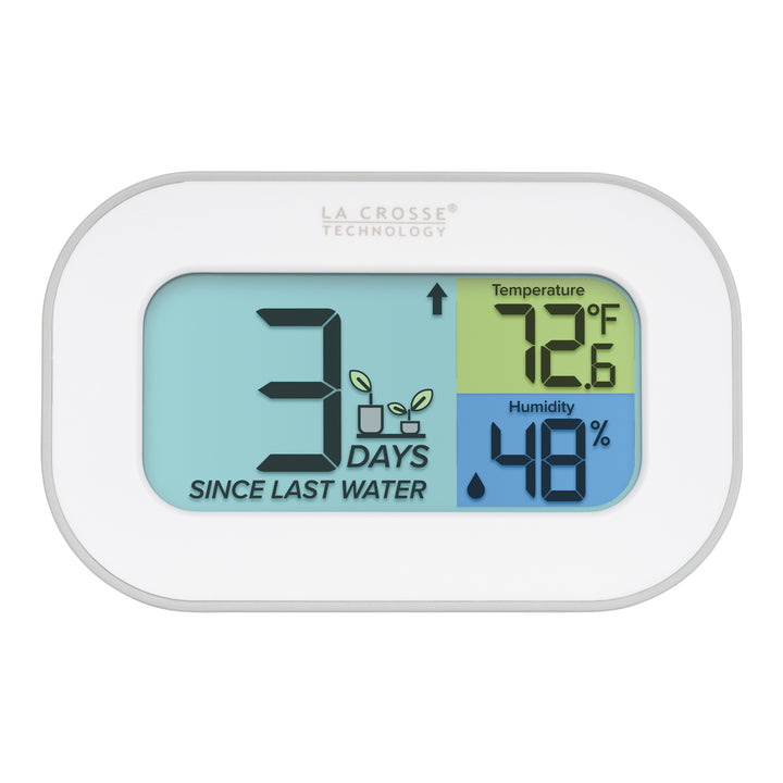 Digital plant care watering timer 919-147 white oval case with a screen with three color sections, the turquoise blue section displays how many days since the last watering with a graphic of plants and an up arrow, the yellow section lists the temperature at 72.6 degrees Fahrenheit, and the dark blue section lists the humidity level at 48 percent with a water drop icon