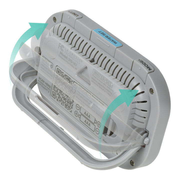 Back-angled image of the  919-147 Digital plant care timer with temperature and humidity. Battery-operated, the timer features a white and gray case with a kickstand, hanging hole, and battery compartment. The three buttons are shown across the top with instructions on the back of the timer. There are teal arrows to show how the pull-down kickstand operates.