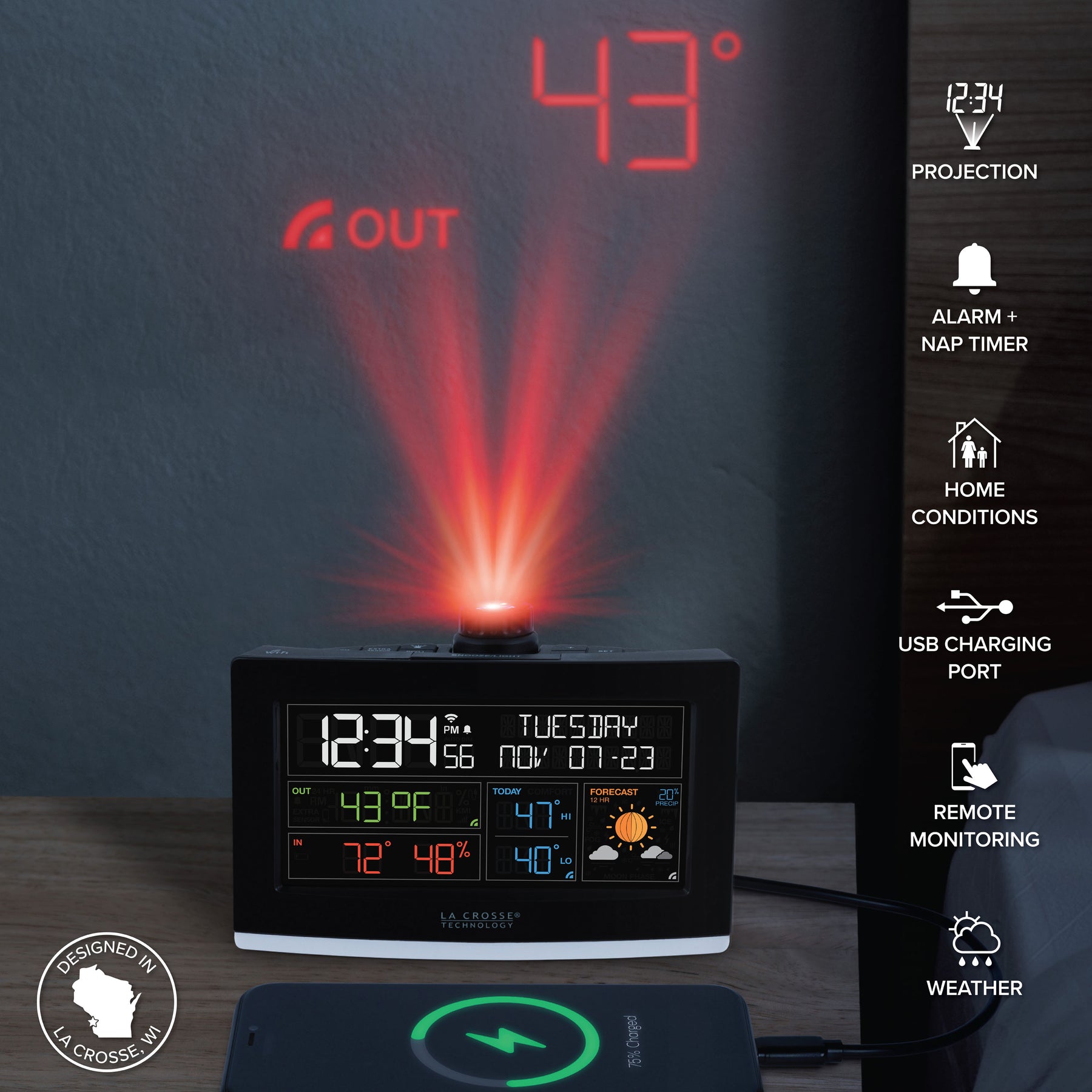 Wi-Fi Projection Alarm Clock | Alarm Clock Weather Station | La Crosse ...