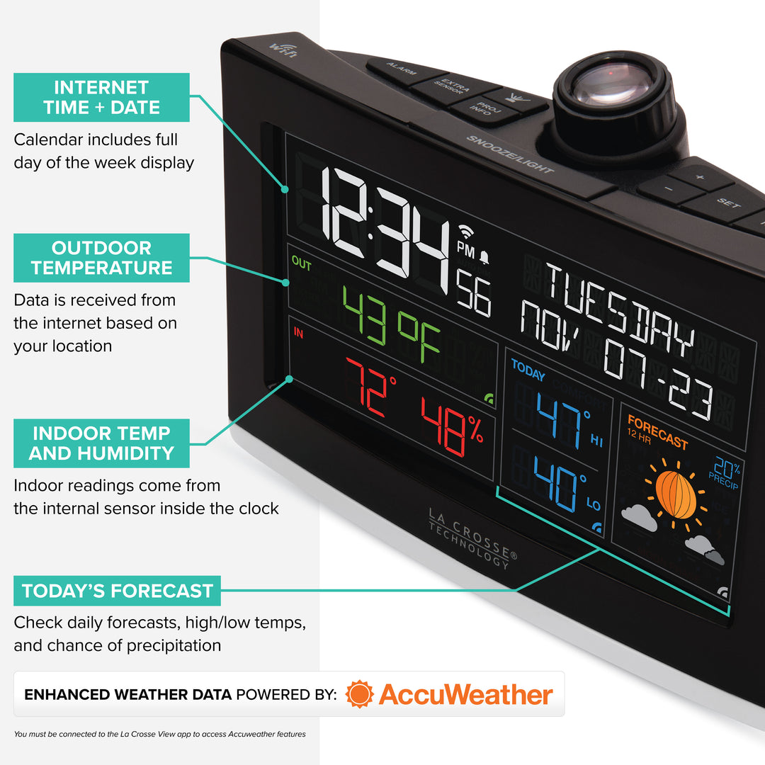 インテリア時計 WEATHER FORECAST RADIO CONTROLLED Wi-Fi Projection Alarm Clock | Alarm Clock Weather Station | La
