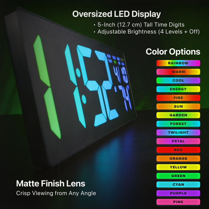 S69548 R.G.Bright LED Wall Clock with Outdoor Temperature and Underglow shown at an angled side view highlighting oversized 5-inch LED digits, matte-finish lens, adjustable brightness levels, and customizable RGB color options including rainbow gradients and solid display colors for crisp visibility from any angle.