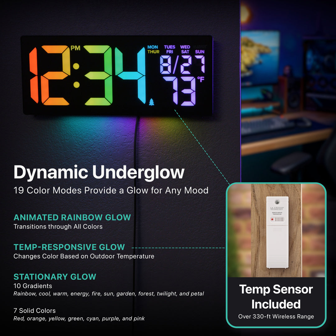 S69548 R.G.Bright LED Wall Clock with Outdoor Temperature and Underglow mounted on a wall with colorful ambient underglow lighting. Image highlights 19 glow modes including animated rainbow, temperature-responsive color changes, stationary gradients, and solid colors, plus included wireless outdoor temperature sensor with over 330-foot range.