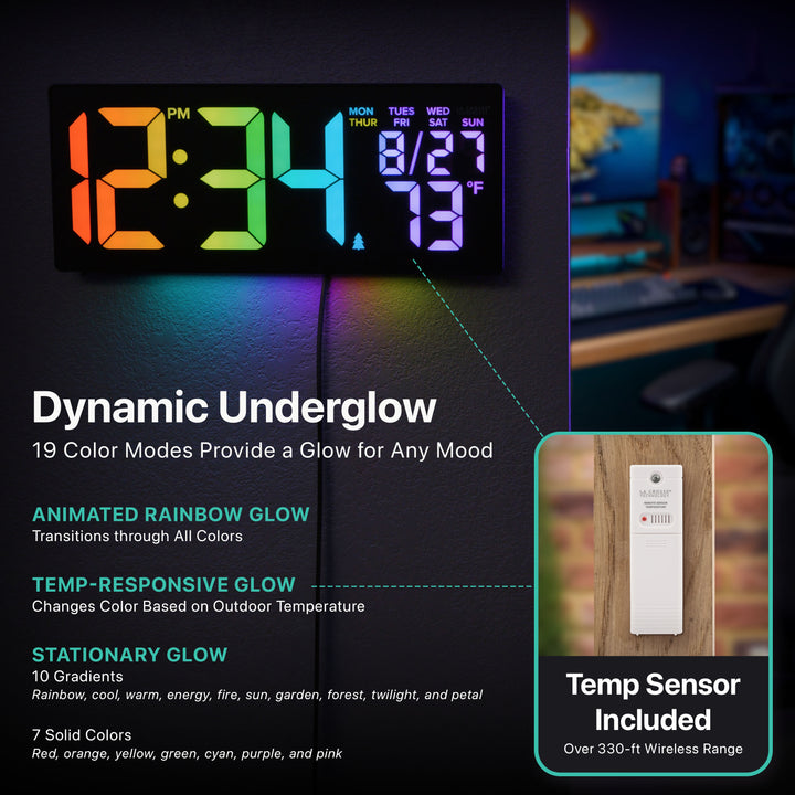 S69548 R.G.Bright LED Wall Clock with Outdoor Temperature and Underglow mounted on a wall with colorful ambient underglow lighting. Image highlights 19 glow modes including animated rainbow, temperature-responsive color changes, stationary gradients, and solid colors, plus included wireless outdoor temperature sensor with over 330-foot range.