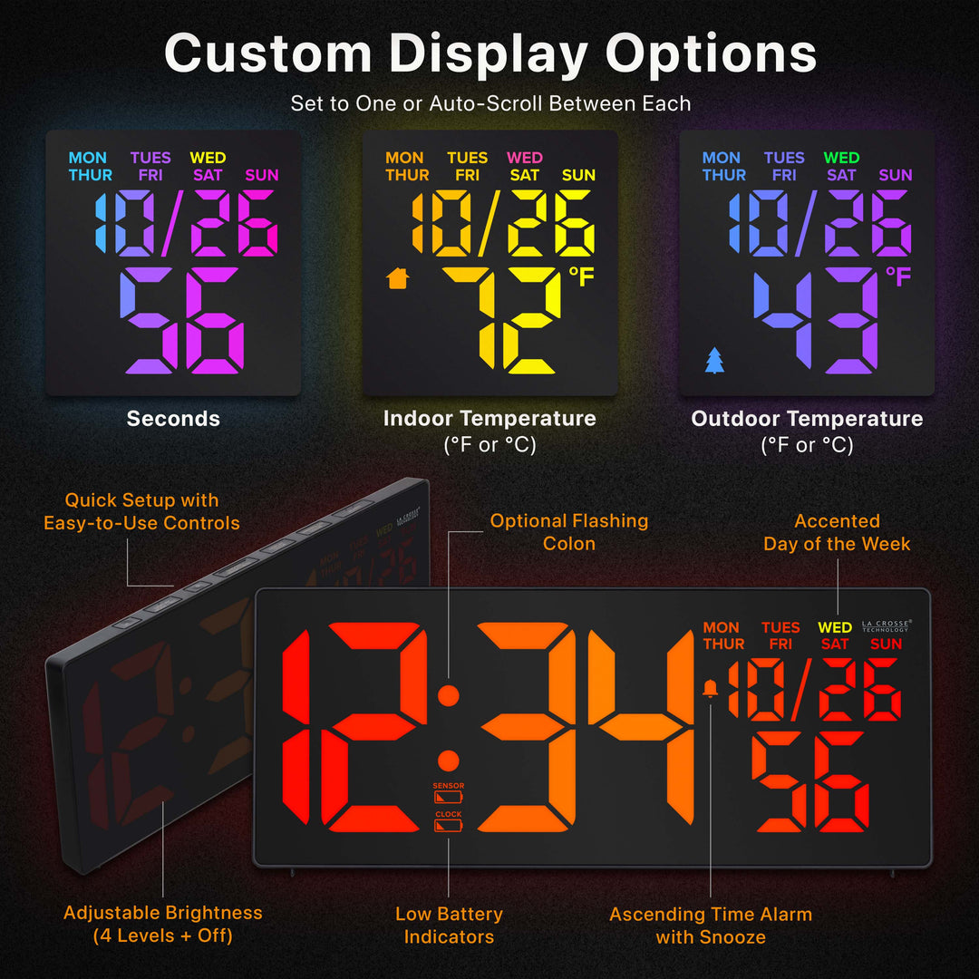 S69548 R.G.Bright LED Wall Clock with Outdoor Temperature and Underglow showcasing customizable display options including seconds, indoor temperature, and outdoor temperature views with auto-scroll settings. Image highlights adjustable brightness, optional flashing colon, ascending alarm with snooze, low battery indicators, accented weekday display, and easy-to-use top controls.