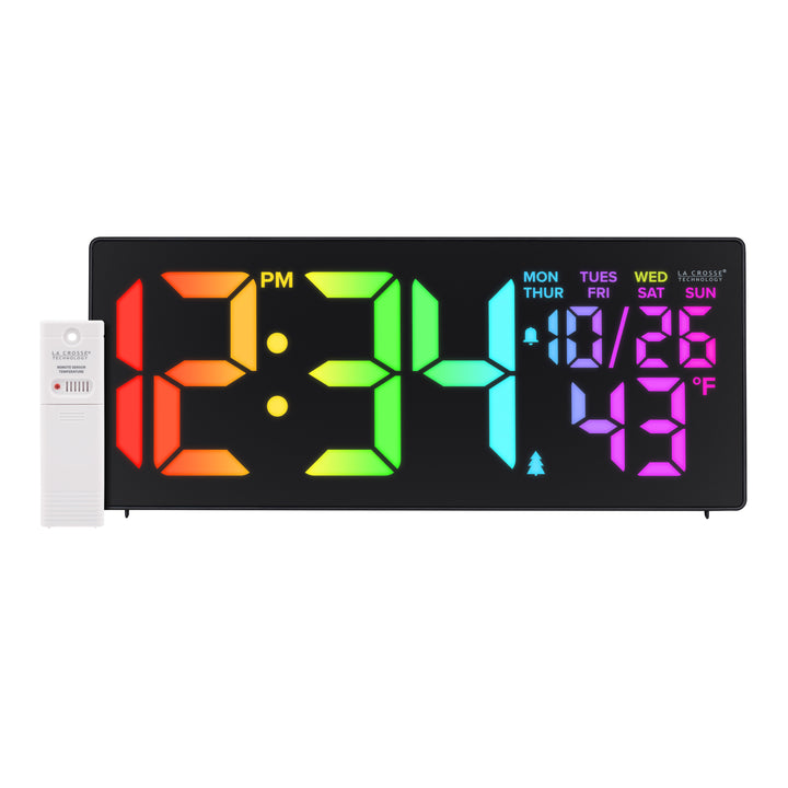 S69548 R.G.Bright LED Wall Clock with Outdoor Temperature and Underglow shown on a white background with included wireless outdoor sensor.