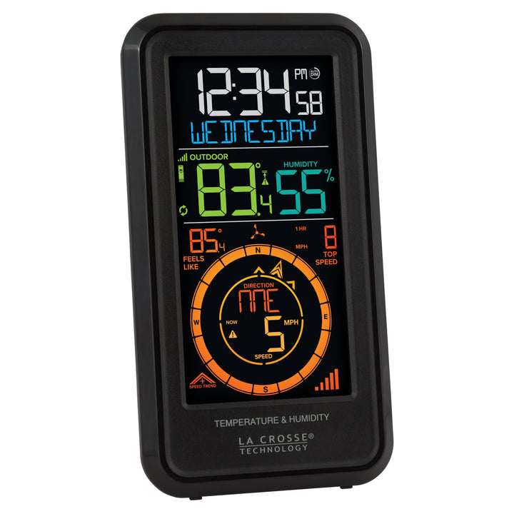 Right-facing image of the S81120 Color Weather Station with Breeze showing a vertical color display with time, date, outdoor temperature, humidity, feels like reading, wind speed, and wind direction