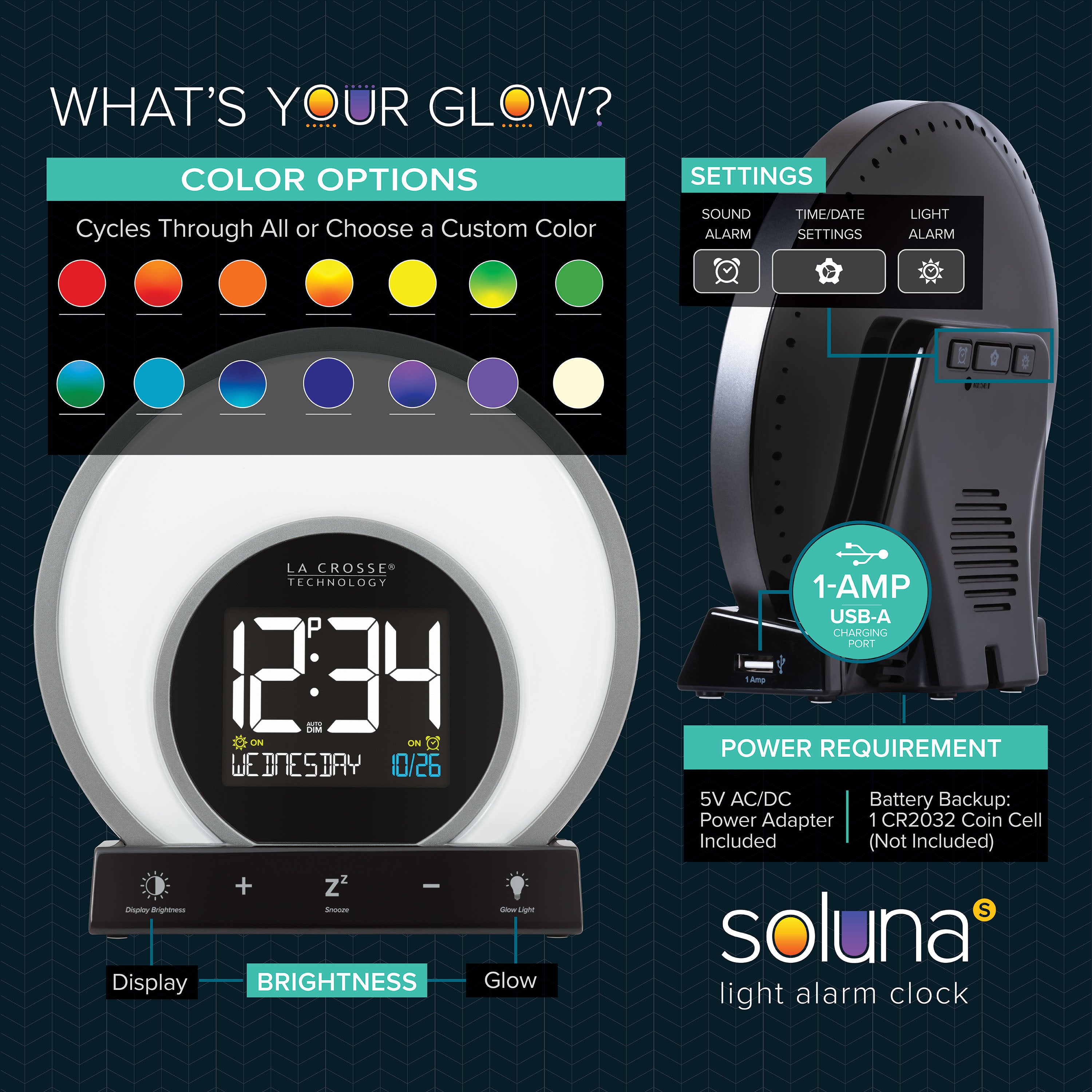 Soluna S Light Alarm Clock | Sunrise Glow Color Clock | La Crosse