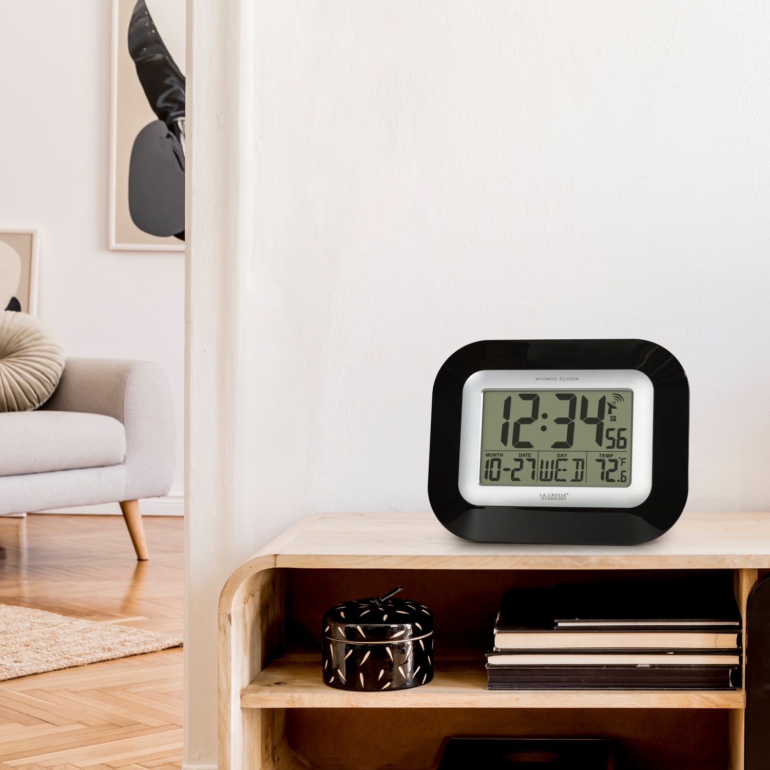 WT-8005U-B Atomic Digital Wall Clock with Indoor Temperature and Date