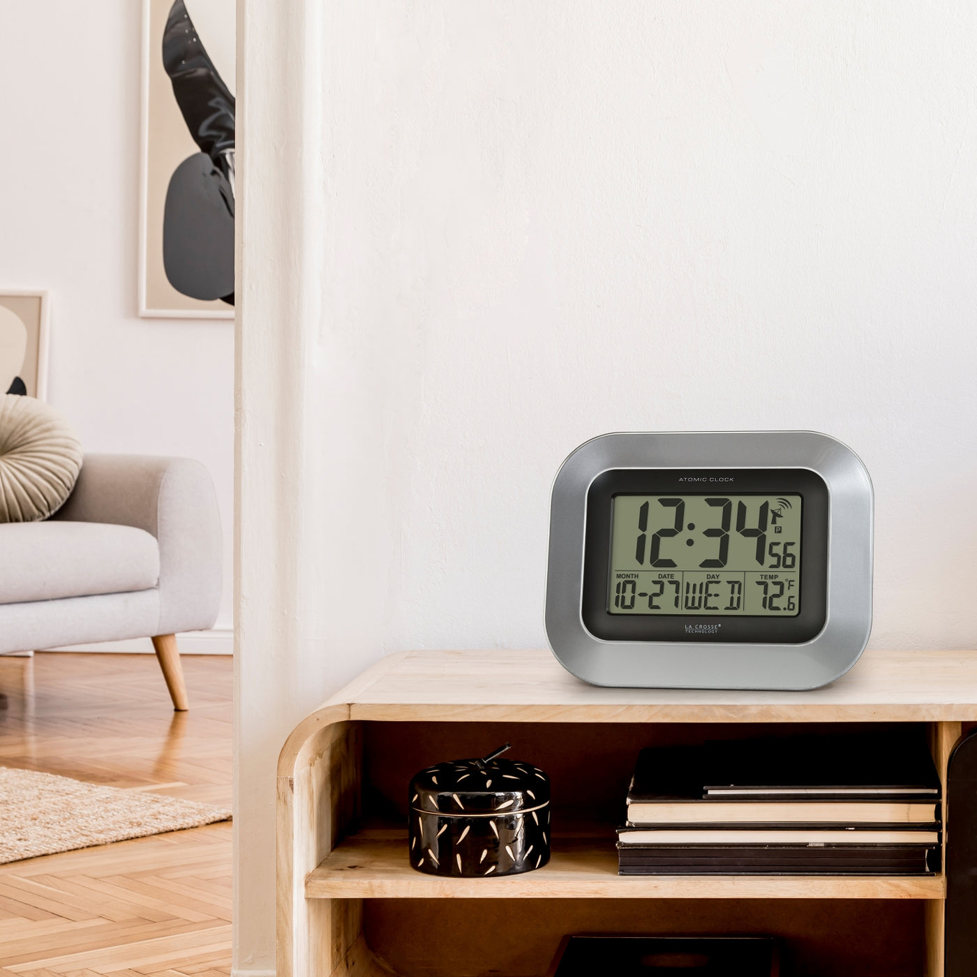 WT-8005U-S Atomic Digital Wall Clock with Indoor Temperature and Date
