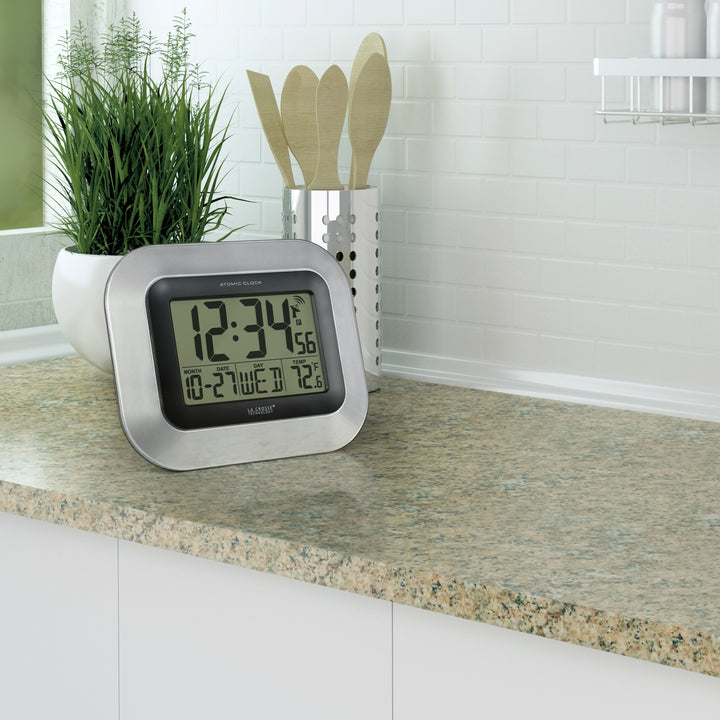 WT-8005U-S Atomic Digital Wall Clock with Indoor Temperature and Date