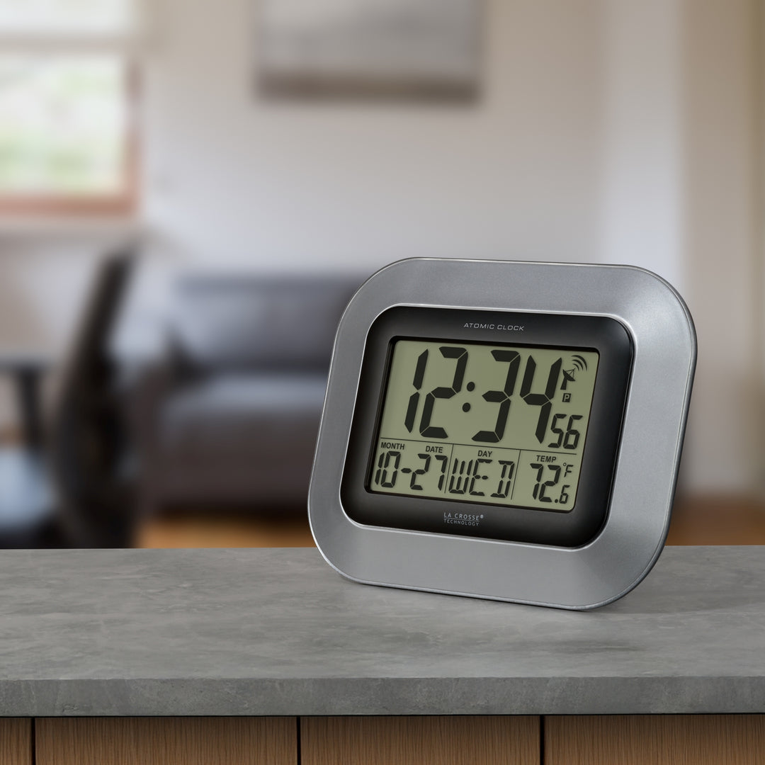 WT-8005U-S Atomic Digital Wall Clock with Indoor Temperature and Date