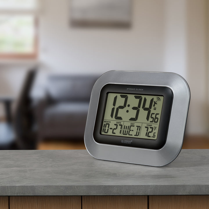 WT-8005U-S Atomic Digital Wall Clock with Indoor Temperature and Date