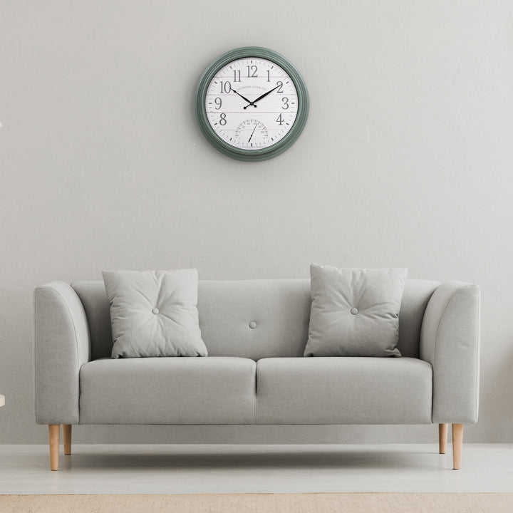 La Crosse Technology 16-Inch Sagebrook Green Wall Clock With Temperature - Indoor/Outdoor Timepiece