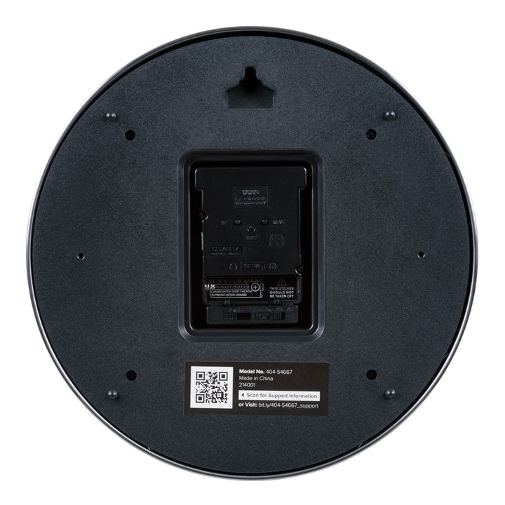 Back image of the 404-54667 10-inch Atomic metal Chater Ring Wall Clock showing the battery compartment, atomic quartz movement, and the hanging hole.
