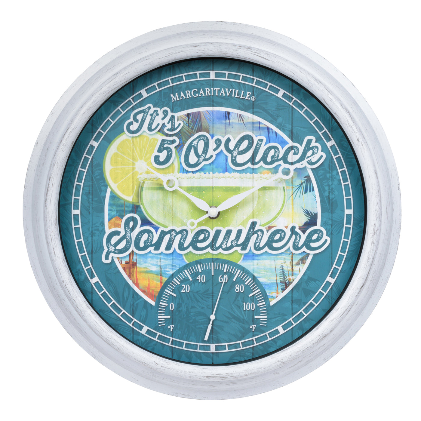 433-3841MV6T 15.75-inch Margaritaville Indoor/Outdoor Wall Clock w/ Temperature
