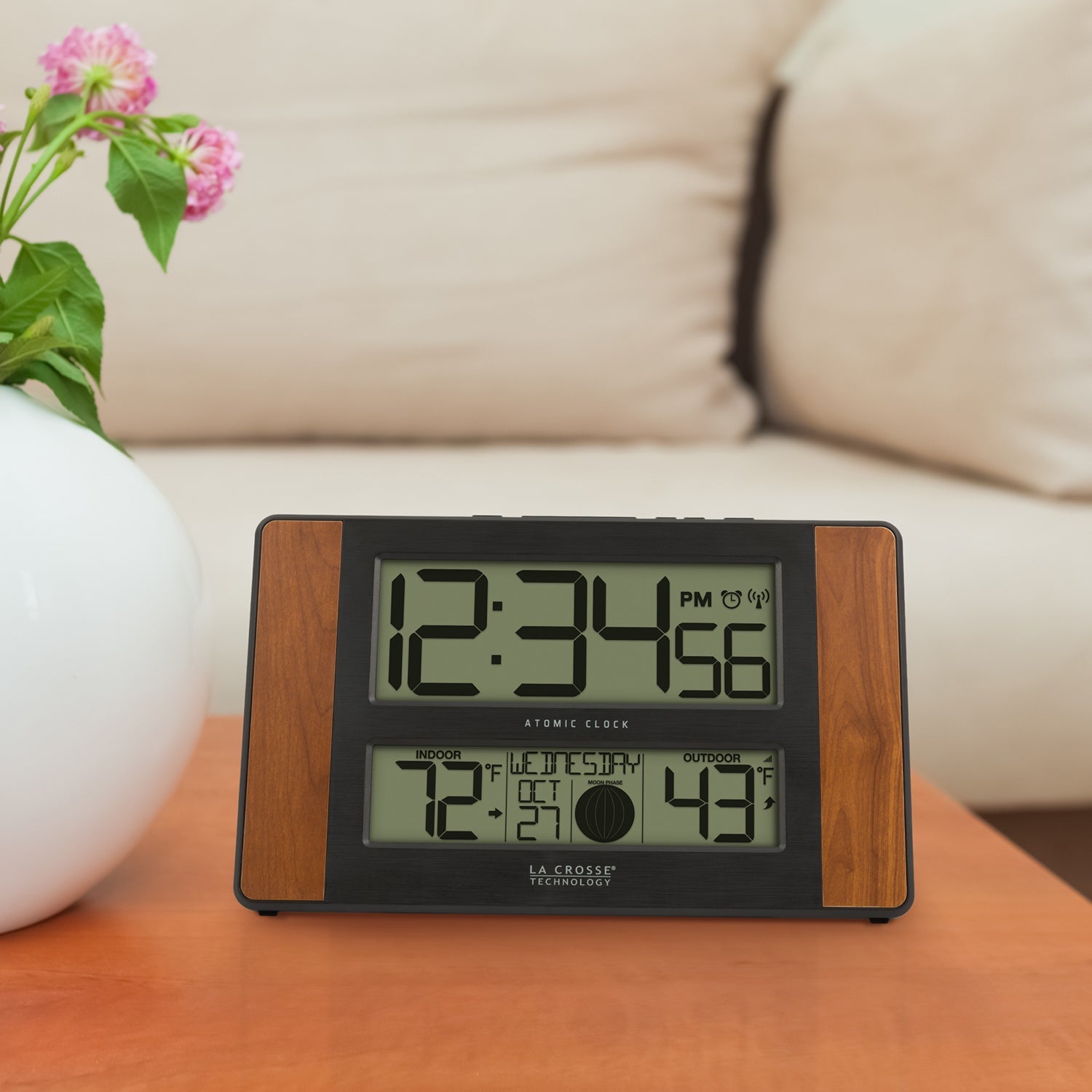 513-149 Atomic Digital Wall Clock with Indoor/Outdoor Temperature