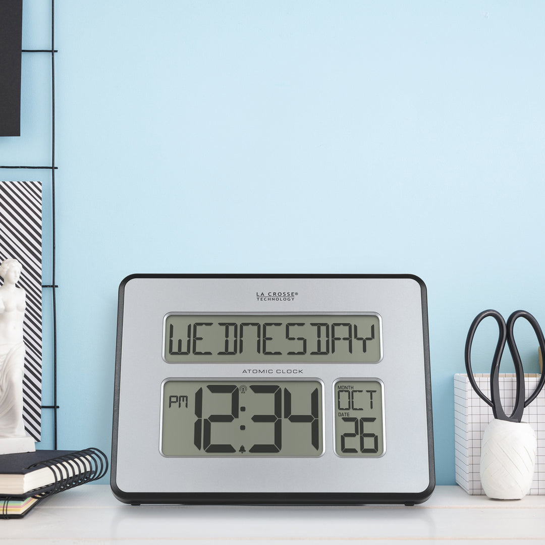 513-1419B Atomic Digital Wall Clock with Calendar and Indoor Temperatu