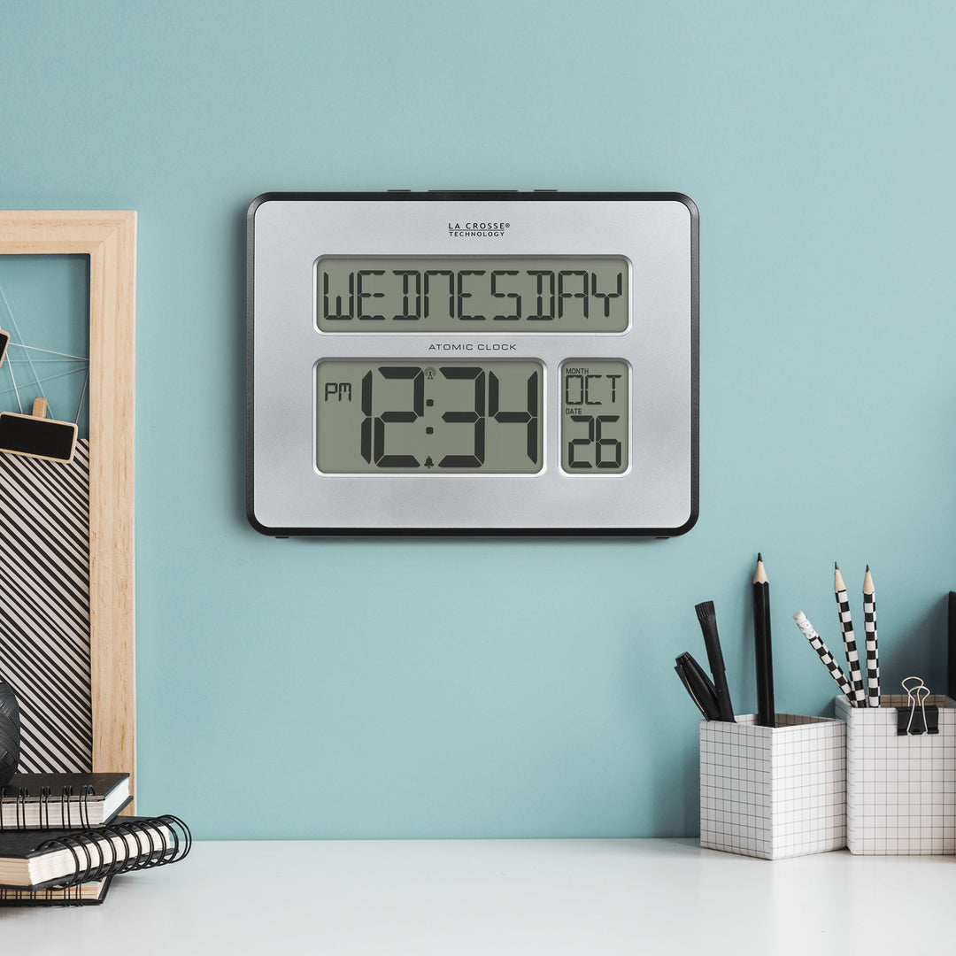 513-1419B Atomic Digital Wall Clock with Calendar and Indoor Temperatu