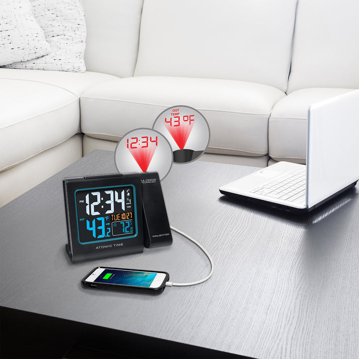 Atomic Projection Alarm Clock with IN/OUT Temperature and USB Charging
