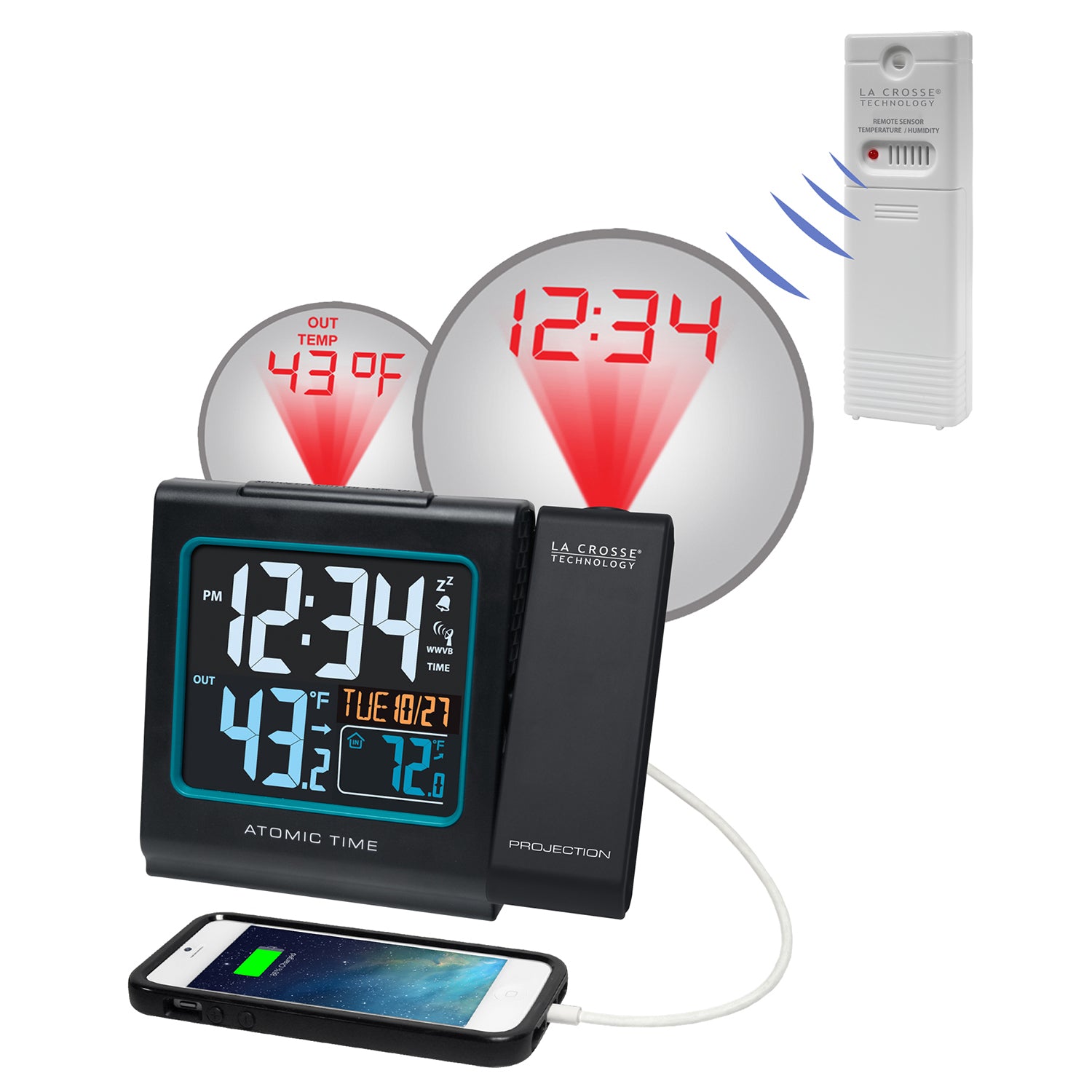 Atomic Projection Alarm Clock with Indoor/Outdoor Temperature