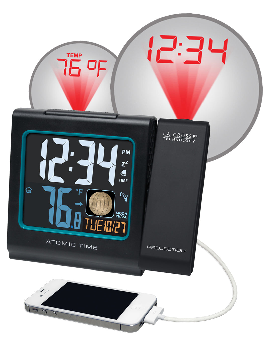 616-146AV2 Atomic Projection Alarm Clock with Indoor Temp and Moon Pha
