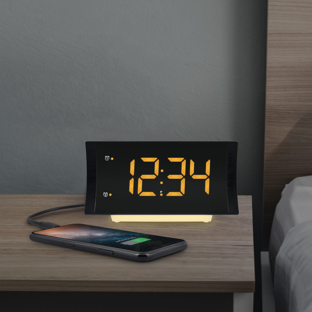 Curved Amber Alarm Clock with Radio and USB Charging