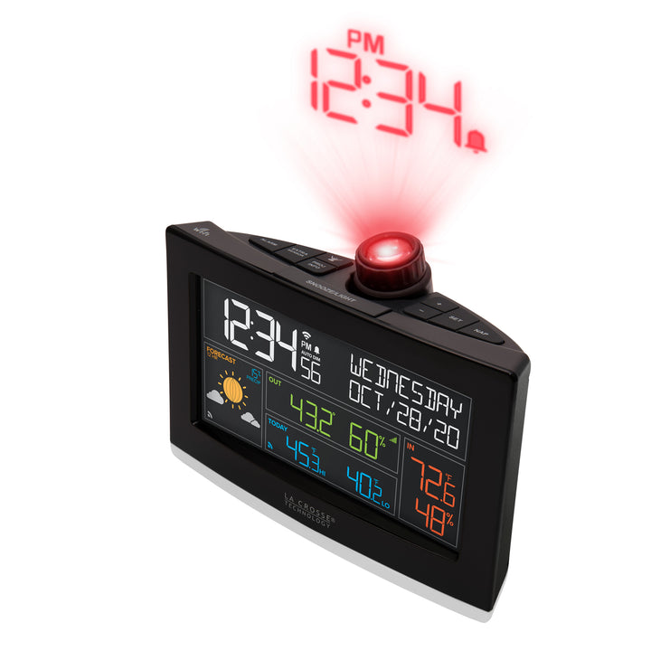 Projection Alarm Clock With Weather Station – Ceiling Projector Clock, Indoor/Outdoor Temp & Humidity, Forecast, Adjustable Brightness – Black