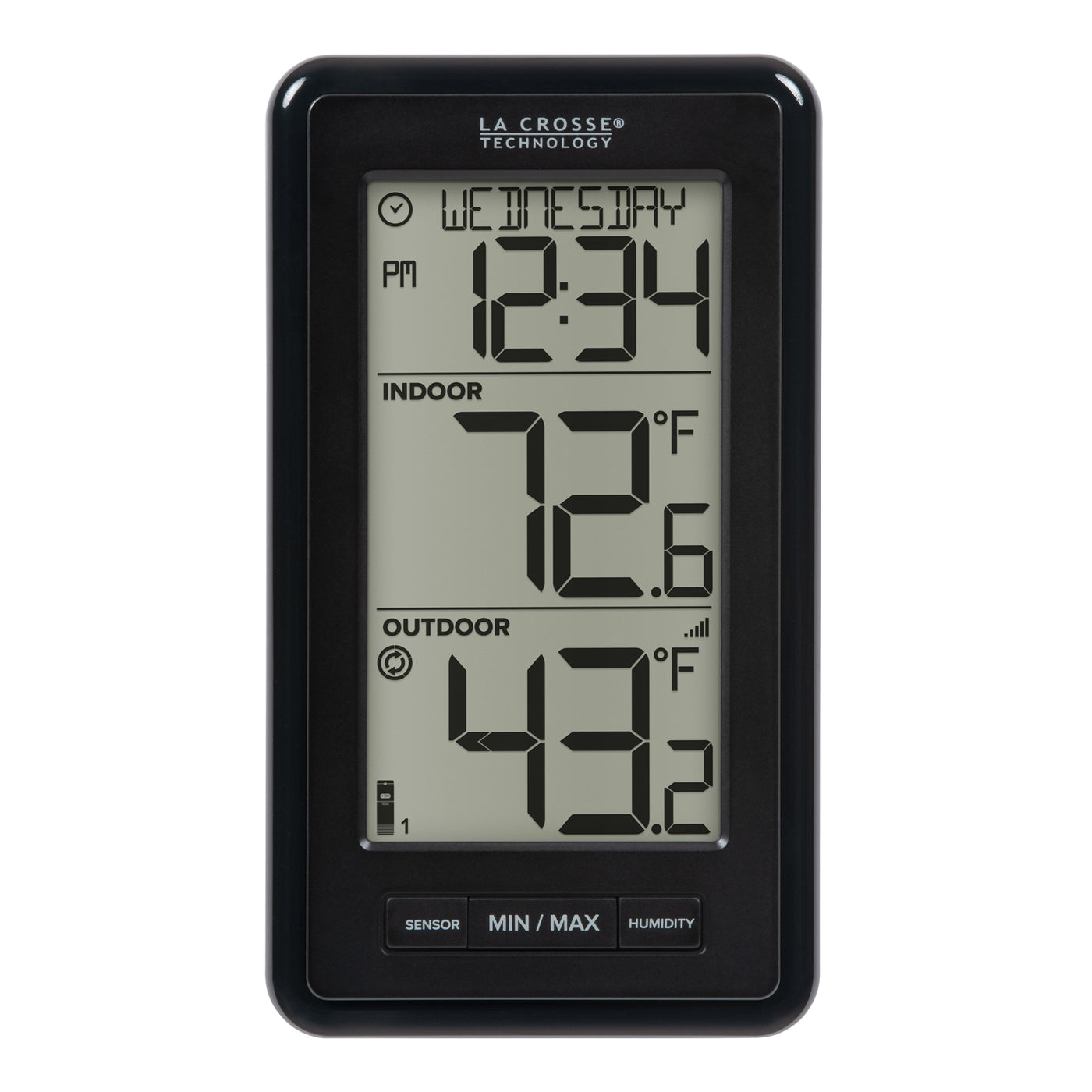 Compact Monochrome Digital Thermometer with Remote Outdoor Sensor